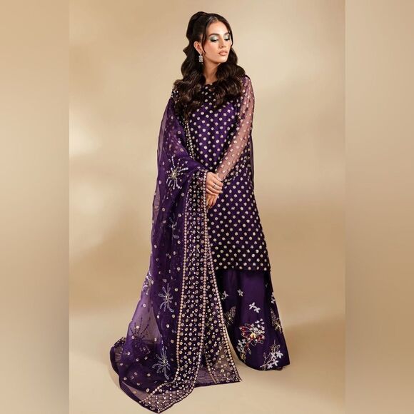 NUREH PAKISTANI DESIGNER FARSHI TINY TWINKLES WILD BEAUTY DRESS 3 PIECE - Picture 1 of 16